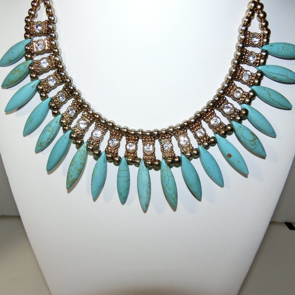 VTG Genuine Turquoise Necklace w/Crystals RARE!